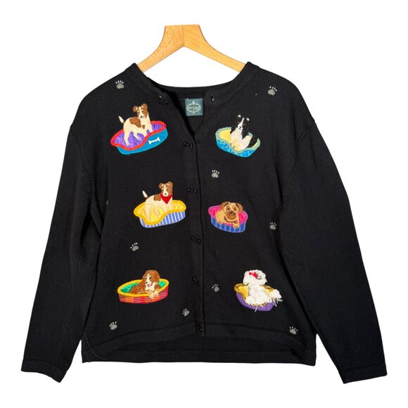 Vintage Ashton's of London Dog Embroidered Cardigan Sweater Cotton Funky 90s M - Picture 1 of 9